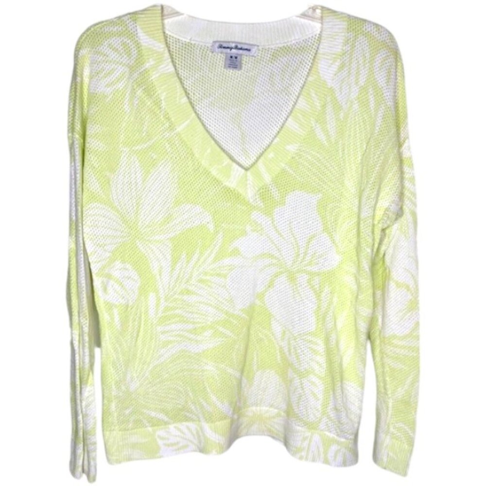Tommy Bahama Mahana Open Weave Tropical/Floral Print V-Neck - Lime/White - L - Picture 1 of 8
